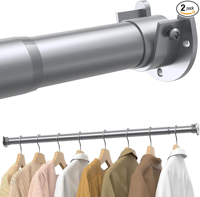 Supforce 2 Pack Closet Rods for Hanging Clothes, 17 to 54 Inches Stepless Adjustable Metal Closet Rod, 1.3 Inches Heavy Duty Clothes Hanging Rod for Closet Wardrobes Laundry RV, Silver