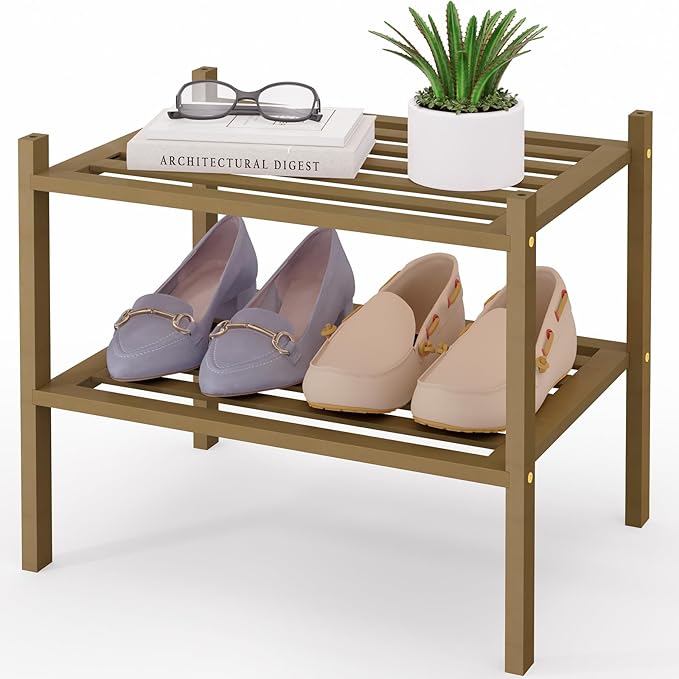 Smiry Small Bamboo Shoe Rack 2-Tier, Stackable Wooden Shoe Organizer for Entryway & Closet, Free Standing Wood Shoe Storage Shelf for Front Door & Small Spaces, Brown