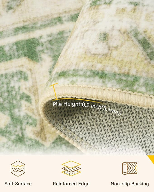 RELEANY Area Rugs 5'x8' Washable Non-Slip, Floral Vintage Distress Medallion Carpet for Living Room Bedroom Dining Room, Sage Green Yellow