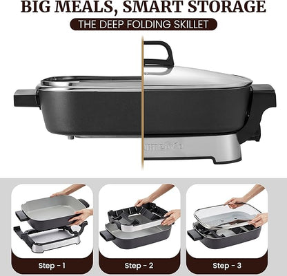 Elite Gourmet 15" x 12" x 3" Stow-Away Foldable Electric Skillet, Ceralast™ PFAS Free Ceramic, 1500W Rapid Heat, Dishwasher Safe Pan & Lid, Black/Grey
