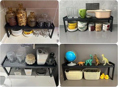 2 Pack Expandable Cabinet Shelf Organizer 16-26" L Stackable Kitchen Counter Shelves Rack Stand Sink Riser Countertop Storage Black (Narrow 5.1”D)