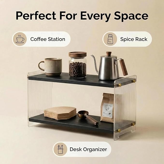Coffee Station Organizer 2 Tier, Solid Wood Mug Shelffor Coffee Bar,Matcha Station,Tea Storage - Holds Mugs,Beans,Syrup,Cups,Tirrers (Black, 15.4" L x 5.7" W x 8.2" H)