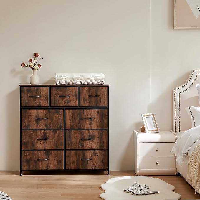 Sweetcrispy Dresser for Bedroom with 9 Storage Drawers, Large Fabric Storage Tower Organizer, Chest of Drawers with Metal Frame Wooden Top for Closet, Living Room, Entryway, Brown