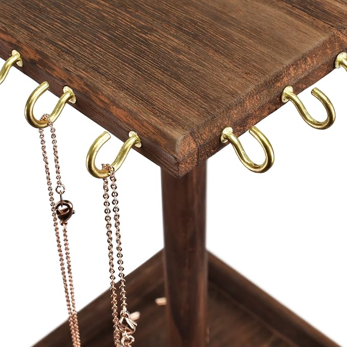 Ikee Design Wooden Rotating Jewelry Organizer, Jewelry Display Tower for Necklace & Bracelet, Rotating Necklace Holder Organizer, Jewelry Stand for Shows, Brown Color, 7.88 W x 7.88 D x 16 H in