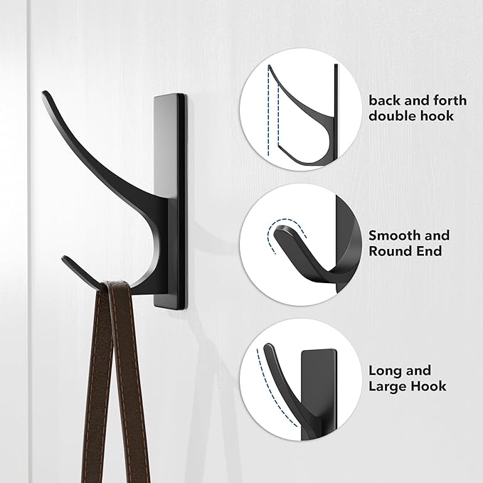 pickpiff Self Adhesive Coat Hooks for Hanging: Heavy Duty Stainless Wall Hook for Towel, Utensil, Backpack, Hat, Sturdy Metal Hanger for Bathroom, Kitchen, Door, 4-Pack, Matt Black