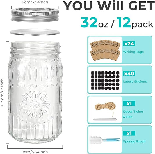 CycleMore Wide Mouth Mason Jars 32oz, 12Pack Glass Canning Jars with Metal Airtight Lids and Bands, 1Quart Large Food Canister forJam Making, Pantry Organization & Party Decor