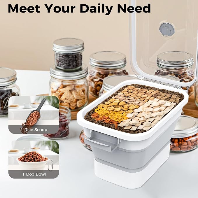 10-13 Lbs Dog Food Storage Container,Collapsible Dog Food Container with Transparent Airtight Lid,Pet Food Scoop and Dog Bowl,Multifunctional Food Storage Container for Pet Food,Rice,Flour