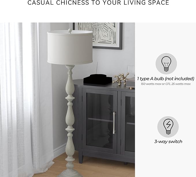 Signature Design by Ashley Bernadate Cottage Candlestick Design Poly Floor Lamp, 3-Way Switch, Cast Resin & Fabric Drum Shade, 18" W x 18" D x 61.13" H, Whitewash