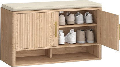 Fluted Shoe Storage Bench with Cushion, 3-Tier Entryway Bench with Adjustable Shelves and Open Bottom Shelf, Hidden Shoe Organizer Cabinet, for Hallway, Living Room, Bedroom, Natural Oak