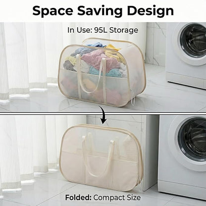 Foldable Laundry Basket with Mesh Window, Large Capacity 95L Dirty Clothes Hamper with Handles, Sturdy Steel Frame,Collapsible Laundry Hamper for Bedroom,Bathroom,Home,Dorm (Beige)