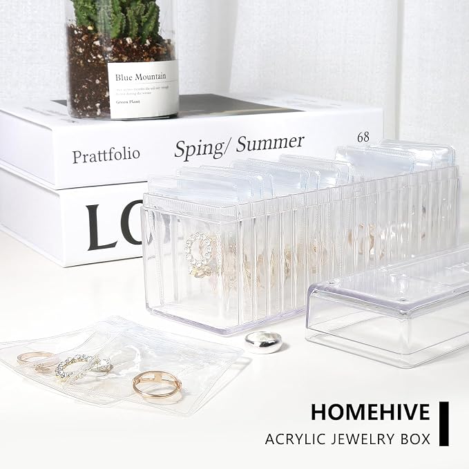 HOMEHIVE Acrylic Jewelry Box Organizer, Clear Jewelry Organizer and Storage with 20 Portable Anti Tarnish Jewelry bags, Travel Jewelry Case for Earrings/Rings/Necklaces Gifts for Women Girls, Clear
