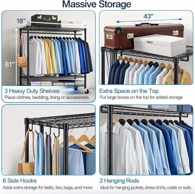 Heavy Duty Clothes Rack with Wheels, 43"W x 18"D x 81"H Rolling Garment Rack, 800 lb Capacity, 3-Tier Adjustable Shelves, Double Hanging Rods, 6 Hooks, Portable Closet Organizer, Tool-Free Assembly