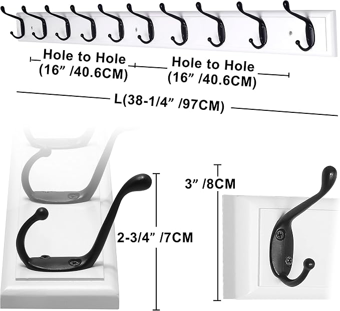 Dseap Coat Rack Wall Mounted: 10-Hooks, 16" Hole to Hole, 38-1/4" Long, Wood Coat Hooks Wall Mounted, Hook Rack, Hook Rail, Hooks for Hanging Coats, White & Black