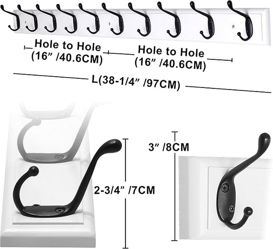 Dseap Coat Rack Wall Mounted: 10-Hooks, 16" Hole to Hole, 38-1/4" Long, Wood Coat Hooks Wall Mounted, Hook Rack, Hook Rail, Hooks for Hanging Coats, White & Black