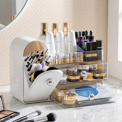 Makeup Organizer with Dustproof Brush Holder, Large Capacity Skincare & Cosmetic Storage for Vanity, 3-Tier Bathroom Countertop Organizer with Drawers for Perfume, Lipstick, Mask, Ideal Gift (White)