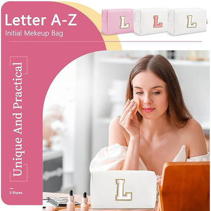 Small Personalized Initial A-Z Preppy Patch Makeup Bag,White PU Chenille Letter Travel Cosmetic Pouch with Zipper,Cute Toiletry Bag,Gift Ideal for Teen Girls Women Teacher Bridesmaid,Letter L