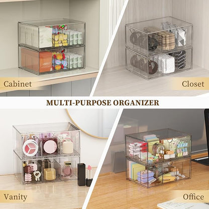 2 Pack Clear Tea Bag Organizer, Stackable Drawer Organizer with Dividers for Pantry Bathroom Vanity Kitchen - Cabinet Countertop Shelf Plastic Storage Bins for Coffee/Makeup/Cosmetic/Crafts/Jewelry
