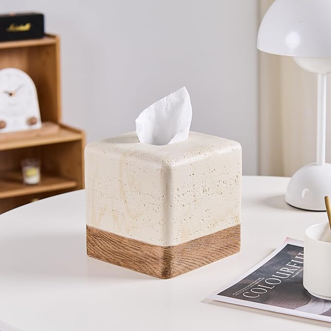 Natural Travertine Match Wooden Square Tissue Box Cover Decorative,Resin Heavy Sturdy Tissue Box Holder, Facial Paper Holder for Bathroom Vanity Countertop, Bedroom Night Stand,Office and End Table