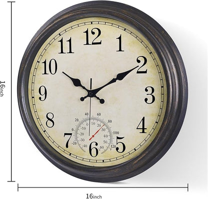 16 Inch Large Outdoor Clock, Waterproof Wall Clock with Thermometer, Battery Operated Silent Non-Ticking Vintage Wall Clock Quartz Round Clock Home Decor,Black Bronze