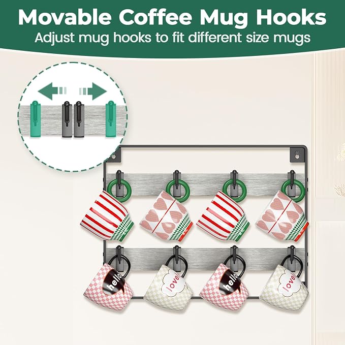 EsLuker.ly Mug Holder Hanger Rack Wall Mounted Wooden 3 Pack Coffee Cup Storage Organizer Display Shelf with 24 Movable Plastic Hooks, Ideal for Mug Collectors, Light Grey-Black