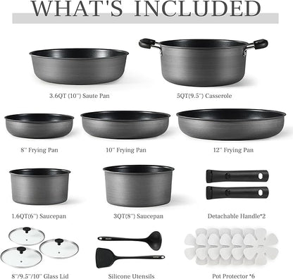 CAROTE 20pcs 4-Ply Premium Hard Anodized Pots and Pans Set Non Stick with Detachable Handle, Dishwasher/Oven Safe, RV Kitchen Cookware Set Nonstick, Induction Cookware, Large Capacity Pans and Pot Set
