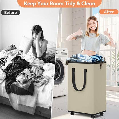 SpaceTrove Laundry Basket with Wheels, Collapsible Laundry Baskets, Laundry Hamper with Handles Detachable Wheels, Rolling Laundry Basket, Dirty Clothes Hamper for Bathroom, Dorm, Bedroom, Beige, 100L