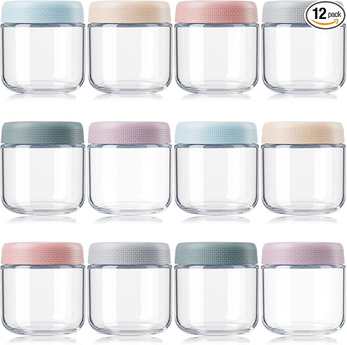 12 Pack 12oz Overnight Oats Containers with Lids, Wide Mouth Jars, Glass Food Storage Containers with Airtight Lids, CRYSTAL Storage Canister for Snacks Yogurt Cereal Fruit Salad Spice Sugar