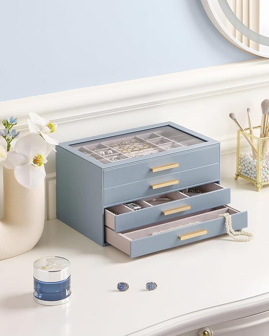 Lolalet Jewelry Box Organizer, 4-Layer Jewelry Organizers and Storage Case with Glass Lid, Ring Earring Bracelet Necklace Holder Organizer, Birthday Valentine Gifts for Women Girls -4Layer, HazeBlue