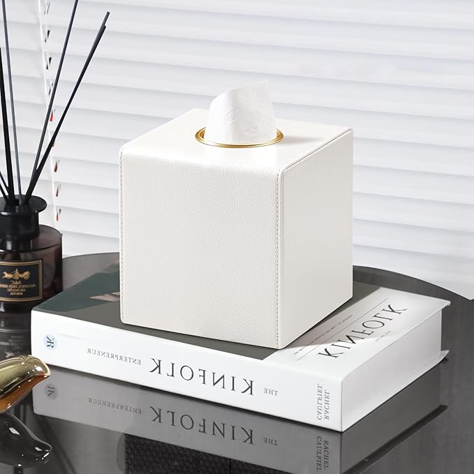 MEIBOOCH Square Tissue Box Cover, Luxury PU Leather Tissue Holder with Magnetic Closure (Beige)