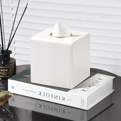 MEIBOOCH Square Tissue Box Cover, Luxury PU Leather Tissue Holder with Magnetic Closure (Beige)
