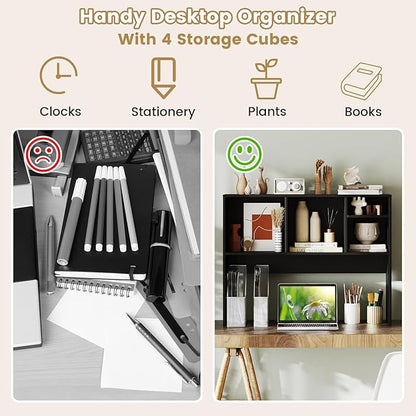 Desk Hutch, Desktop Shelf with 4 Shelves, Desk Bookshelf w/Anti-Toppling Devices, Wood Table Top Bookshelf Organizer, Small Desk Shelf for Study, Office, Dorm (Black, 4 Shelves)