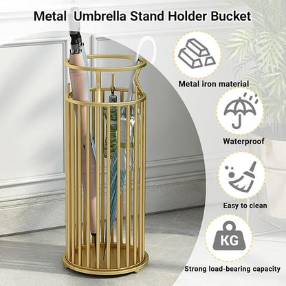 Metal Umbrella Stand with Hooks, Commercial Umbrella Holder & Storage Rack Organizer, Floor Standing Umbrella Bucket for Home, Hotel, Lobby & Entryway Decor.(Pink)