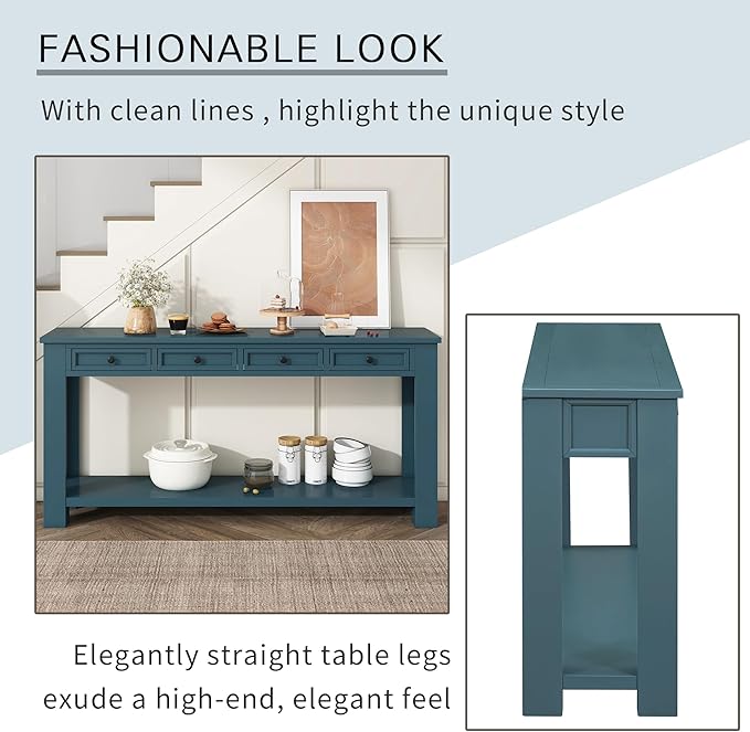 Knocbel Console Table Hallway Entryway Side Table, 63" Long Sofa Table Furniture with 4 Drawers and Bottom Shelf for Living Room Home Decor, New Dark Blue