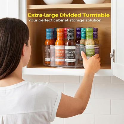 Divided Lazy Susan Turntable Organizer, 11.5" Clear Round Plastic Lazy Susan Turntable, Rotating Storage Container Tray for Pantry, Fridge and Kitchen