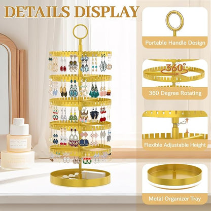 MODOWEY 5 Tier Rotating Earring Holder Organizer Display Tree with Metal Tray, Adjustable Plastic Stand with 285 Slots for Stud Hoop Hanger, Large Capacity Storage Rack for Women Space Saving, Gold