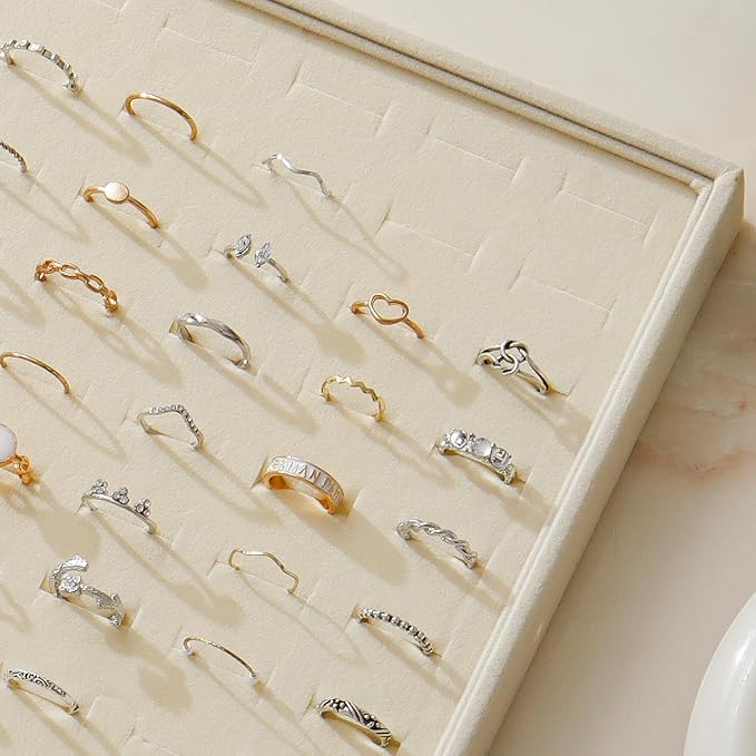 Large Velvet Jewelry Tray 2 Pack Stackable Jewelry Display Drawer Inserts Trays Organizer for Earring Bracelet Necklace Ring (Beige, Ring 81 Slots)