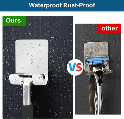 Razor Holder for Shower + Adhesive Wall Hooks, Premium 304 Stainless Steel Shower Razor Holder with Heavy Duty Waterproof Sticky Hooks for Hanging Towels, Coat, hat (4+4 Pack) - White