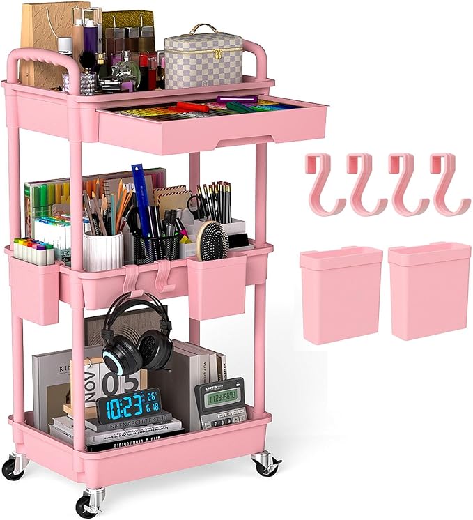 LLMRR 3 Tier Rolling Utility Cart with Drawer, Plastic Storage Organizer Rolling Carts with Wheels Handles Hanging Cups Hooks for Office, Bathroom, Kitchen,Craft Art Room (Pink)