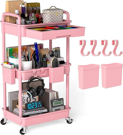 LLMRR 3 Tier Rolling Utility Cart with Drawer, Plastic Storage Organizer Rolling Carts with Wheels Handles Hanging Cups Hooks for Office, Bathroom, Kitchen,Craft Art Room (Pink)