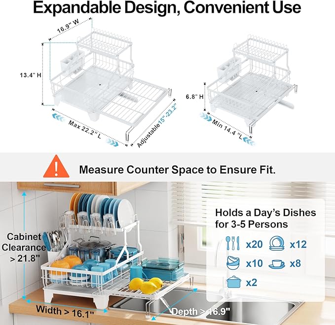 GSlife Large Dish Drying Rack 2 Tier, Expandable Kitchen Dish Drainer for Pots and Pans, 360° Swivel Spout, Rust-Resistant Metal Dish Rack with Utensil & Cup Holder, 16.9" W x 14.4"-22.4" L, White