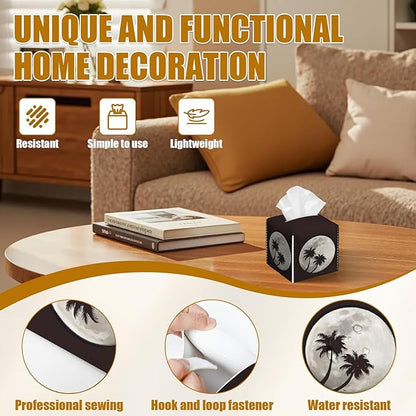 Full Moon Tissue Box Cover 2PCS, Palm Tree Leather Tissue Box Holder Square Facial Paper Case Tissue Box Cube Organizer for Bathroom Bedroom Desk Office