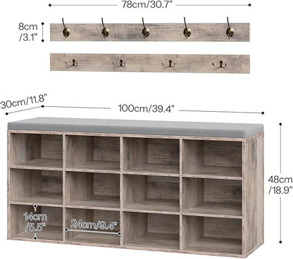 HOOBRO Shoe Storage Bench with Cushion, 39.4" L Entryway Bench with 12 Cubbies, Entryway Hall Tree with Storage, Shoe Cabinet with Coat Rack for Bedroom, Hallway, Holds up to 330 lb, Gray GY112HX01