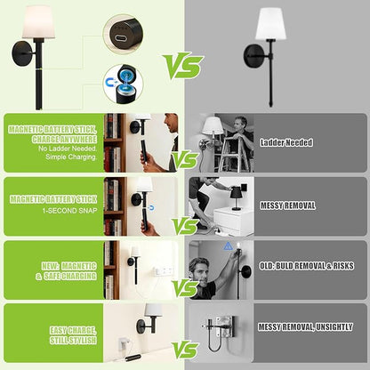 Magnetic & Detachable Wireless Wall Sconces (Black) - 5200mAh Rechargeable Battery Bar for Staircase, Bedroom, Lounge
