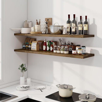 Dreamland 55" Floating Shelves for Wall, 12" Deep Slim Rustic Brown Floating Shelves, Wall-Mounted Shelves for Bedroom, Living Room, Kitchen, Bathroom - Set of 2