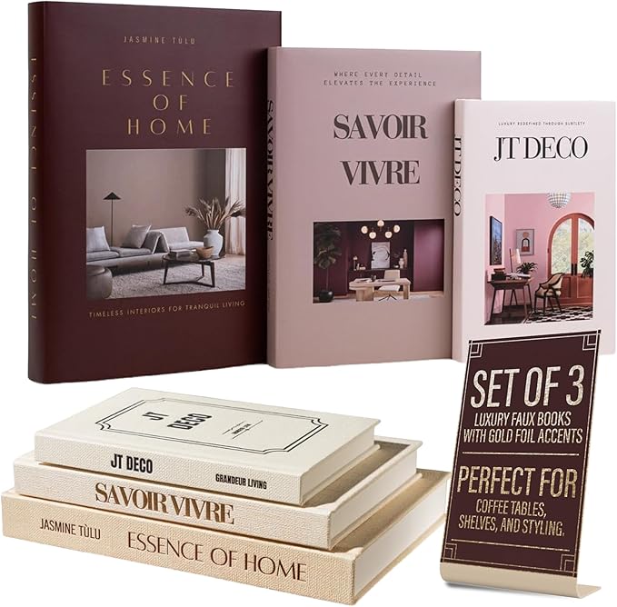 Decorative Books for Home Decor - Coffee Table Hardcover Book Set of 3 - Faux Books for Decoration for Coffee Table, Living Room, Bookshelf - Blank Pages, Foil Stamping - Removable Covers