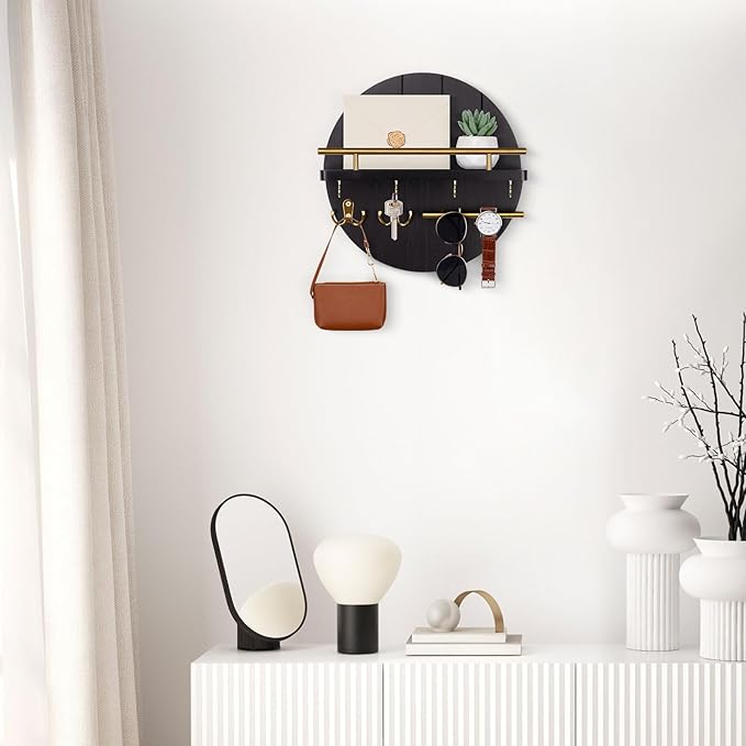 Nekon Wall Mount Key Holder, 11.8 Inch Rack With Shelf and 6 Hooks, Rustic Mail Organizer, Circular Wooden Hanger for Entryway Hallway Kitchen (Black&Gold)