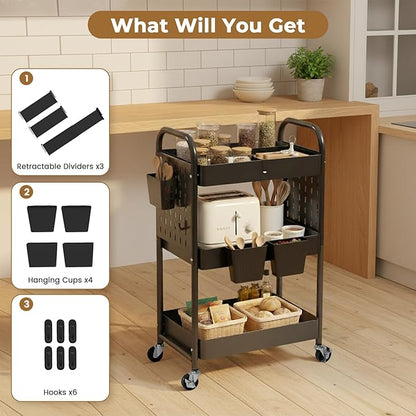 danpinera Craft Cart, Black Rolling Cart with Retractable Dividers & DIY Pegboards for Kitchen, Bedroom, Laundry