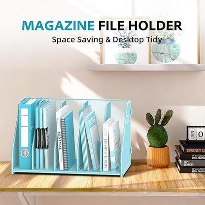 SUPEASY Binder Organizer, Magazine File Holder with 5 Vertical Compartments Rack, Metal Desk File Organizer & Binder Holders, Magazine Organizers for Office Desktop, Home, School, Classroom (Blue)