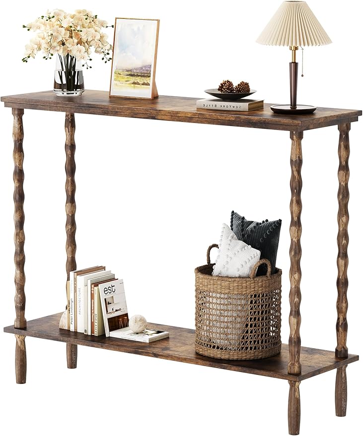 NiHome Wood Console Table with Carved Solid Wood Legs, 39.4"x11.8"x31.5" Matte Fingerprint-Resistant Finish, 2-Tier Narrow Table for Entryway, Hallway, Living Room, Foyer, Easy Tool-Free Assembly