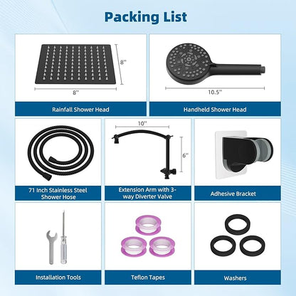 Hibbent All Metal cUPC Certified Shower Head, 8'' High Pressure Rain Shower Head, Handheld Showerhead Combo with 16'' Adjustable Extension Arm, 10 Sprays, 71'' Hose, Showerhead Holder, Matte Black